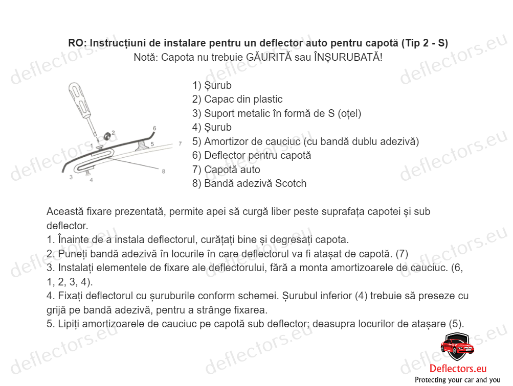 RO: Instrucțiuni de instalare pentru un deflector auto pentru capotă (Tip 2 - S)