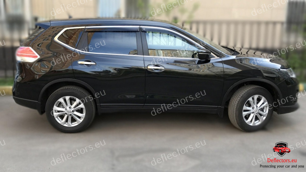 Vindavvisare / fönstervisir extern montering för Nissan X-Trail III (T32) 2013+ med KROMAD övre list (alla fordon av denna modell har kromade övre fönsterramar) 5 dörrar – 4 st. fram och bak 2 Vindavvisare / fönstervisir extern montering för Nissan X-Trail III (T32) 2013+ med KROMAD övre list (alla fordon av denna modell har kromade övre fönsterramar) 5 dörrar - 4 st. fram och bak